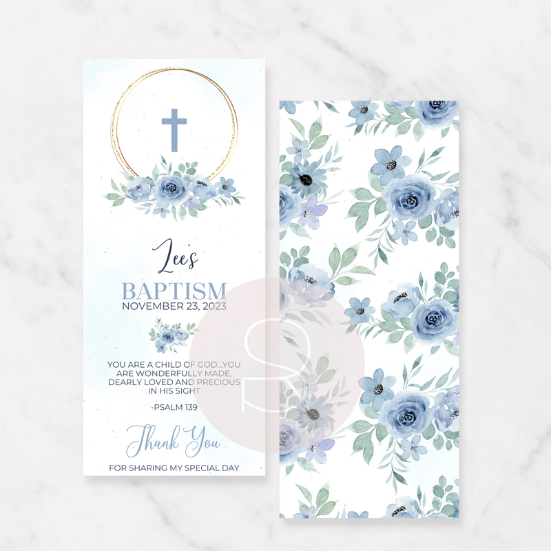 Blue Floral Baptism | Bookmark