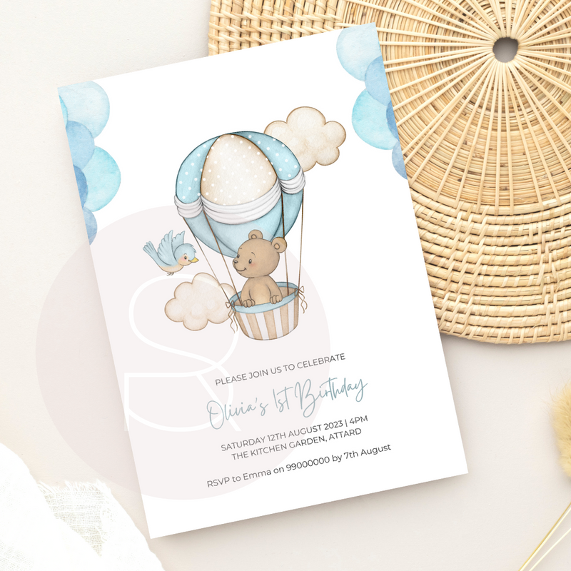 Beary Blue Balloon  | Birthday Invitation