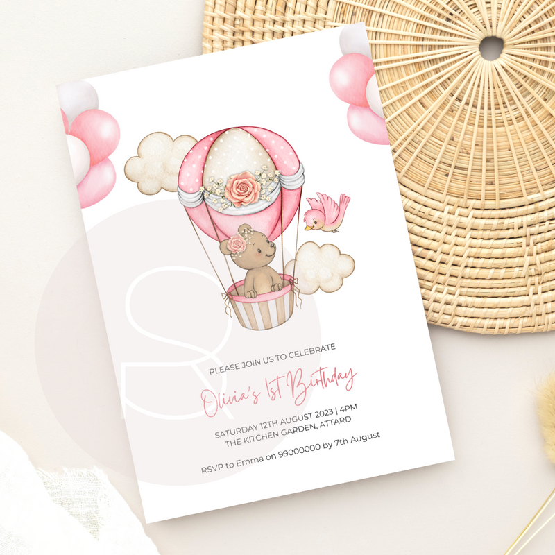 Beary Pink Balloon  | Birthday Invitation